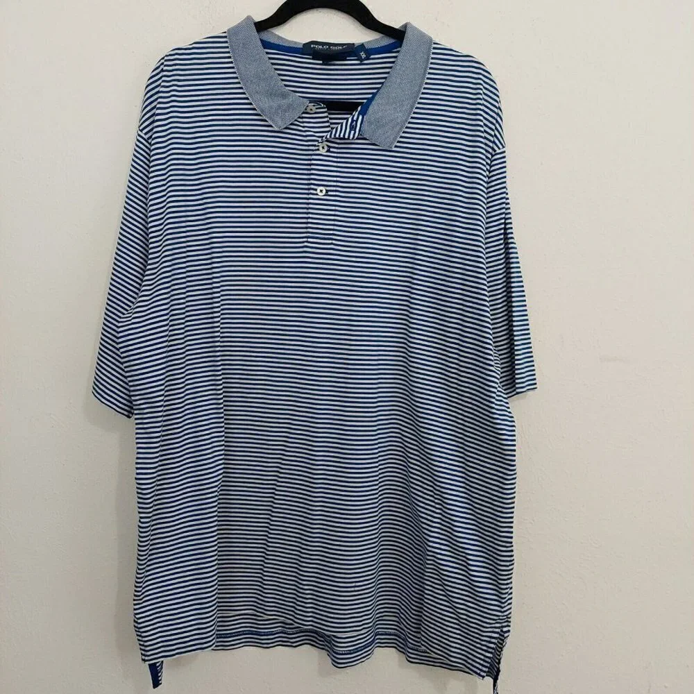 Ralph Lauren Polo Golf White Blue Striped Mens Short Sleeve Polo‎ Shirt Size XXL